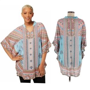 Tolani Collection Multi Pattern Indian Prints Boho Kaftan Tunic Top Size Large